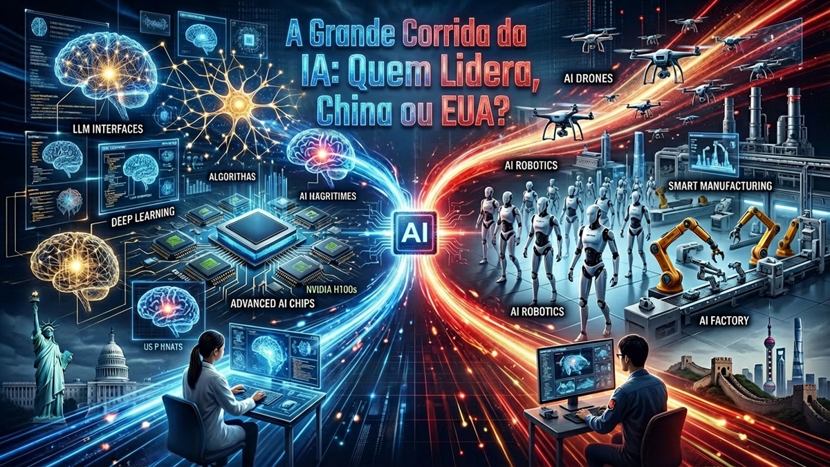Representação visual da corrida da IA entre China e EUA, com elementos de chips, robôs e bandeiras dos países